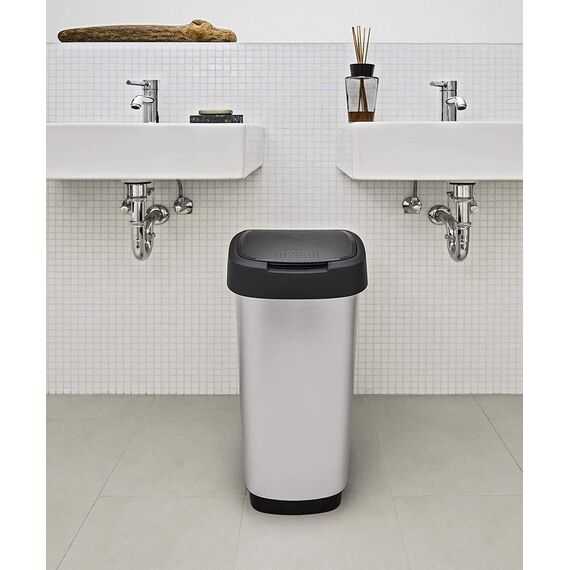 Rotho Twist Mülleimer 25l mit Deckel, Kunststoff, silber
