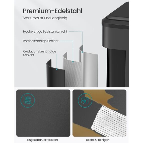 SONGMICS Mülleimer Küche, Mülltrennsystem 2 x 30 L, 2 Fächer für Recycling und Restmüll, Abfalleimer, Inneneimer, Stahl, Softclose-Deckel, breites robustes Pedal, tintenschwarz LTB556B02