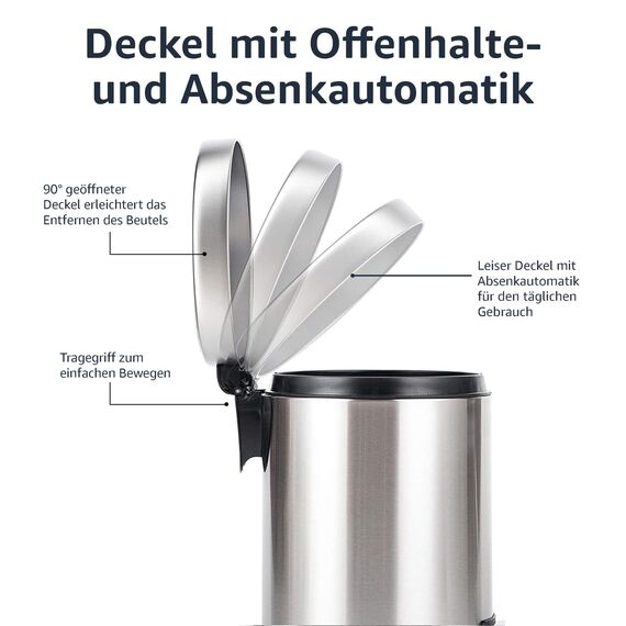 Amazon Basics Mülleimer, rund, zylindrisch, klein, sanftes Schließen, mit Fußpedal, für Badezimmer und kleine Räume, 5 l, Gebürsteter Edelstahl