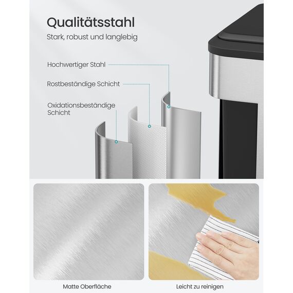 SONGMICS Mülleimer Küche, Mülltrennsystem 2 x 15 L, 2 Fächer für Recycling und Restmüll, Abfalleimer, Inneneimer, Stahl, Softclose-Deckel, breites robustes Pedal, metallicsilber LTB544E01