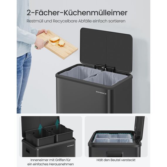 SONGMICS Mülleimer Küche, Mülltrennsystem 2 x 30 L, 2 Fächer für Recycling und Restmüll, Abfalleimer, Inneneimer, Stahl, Softclose-Deckel, breites robustes Pedal, tintenschwarz LTB556B02
