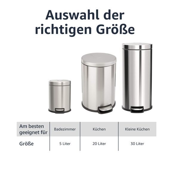 Amazon Basics Mülleimer, rund, zylindrisch, klein, sanftes Schließen, mit Fußpedal, für Badezimmer und kleine Räume, 5 l, Gebürsteter Edelstahl