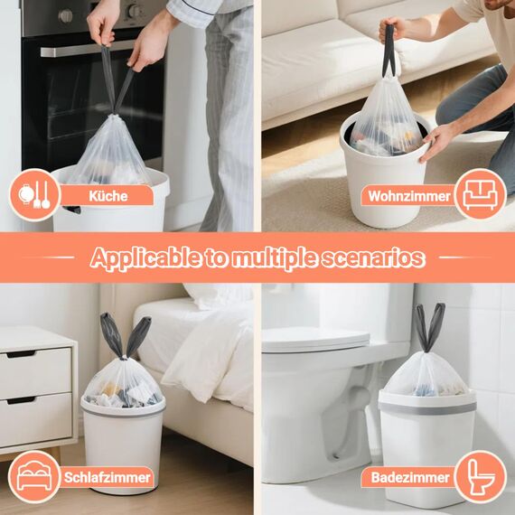 XIQIYY Müllbeutel 20L mit Zugband, Kleine Weiße Müllsäcke 48 Stück, Büro Mülltüten mit Tragegriff, Reißfeste, Extra Dicke, Abfallbeutel für Küche, Badezimmer, Geeignet für 15 Liter-20L Mülleimers