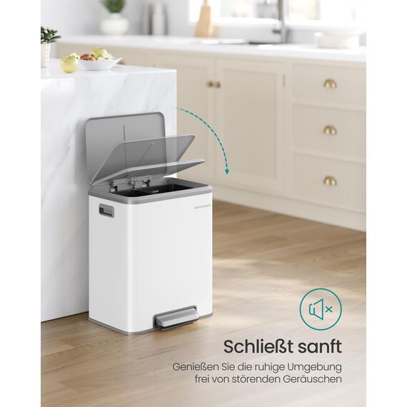 SONGMICS Mülleimer Küche, Mülltrennsystem 2 x 15 L, 2 Fächer für Recycling und Restmüll, Abfalleimer, Inneneimer, Stahl, Softclose-Deckel, breites robustes Pedal, wolkenweiß LTB544W02