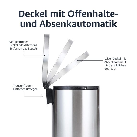 Amazon Basics 20 l Mülleimer mit Stahlrohrpedal - Sanft Schließend mit Deckel, für Küche, Bad oder Büro, 5.3 Gallonen Zylindrisch, Edelstahl Gebürstet