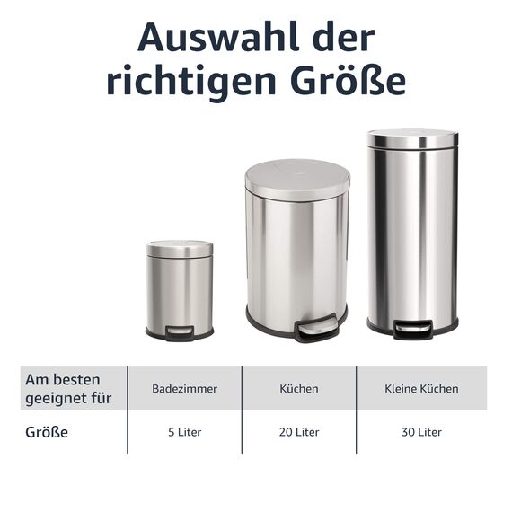 Amazon Basics 20 l Mülleimer mit Stahlrohrpedal - Sanft Schließend mit Deckel, für Küche, Bad oder Büro, 5.3 Gallonen Zylindrisch, Edelstahl Gebürstet
