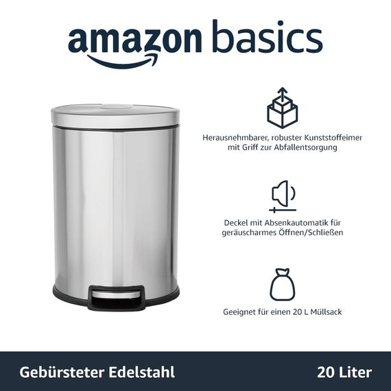 Amazon Basics 20 l Mülleimer mit Stahlrohrpedal - Sanft Schließend mit Deckel, für Küche, Bad oder Büro, 5.3 Gallonen Zylindrisch, Edelstahl Gebürstet