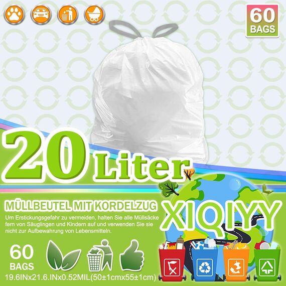 XIQIYY 20L Müllbeutel mit Zugband und Griffen,Müllsäcke mit Tragegriff 60 Stück Küchen Dicke Kunststoff-Weiß Mülltüten,Geeignet für 15–25 Liter Mülleimer