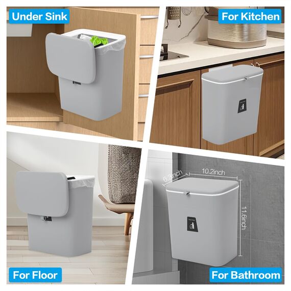 Komposteimer für Küche, 9 l Mülleimer, Arbeitsplatte oder unter der Spüle, hängender Kleiner Mülleimer mit Deckel für Badezimmer/Schlafzimmer,Komposteimer für den Innenbereich (weiß) (Grey)
