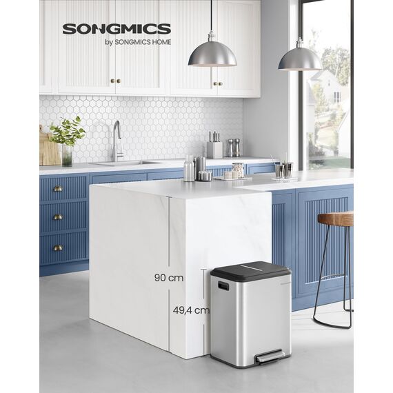SONGMICS Mülleimer Küche, Mülltrennsystem 2 x 15 L, 2 Fächer für Recycling und Restmüll, Abfalleimer, Inneneimer, Stahl, Softclose-Deckel, breites robustes Pedal, metallicsilber LTB544E01