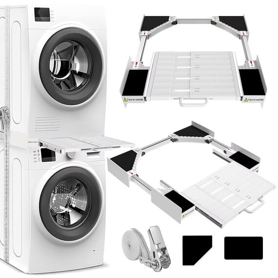NIUXX Universal Zwischeneinbaurahmen Set für Waschmaschine und Trockner, Waschmaschinen Verbindungsrahmen Kit mit Regalbrett, Stapelbausatz mit Ratschenseil, Zwischeneinbausatz für Waschküche