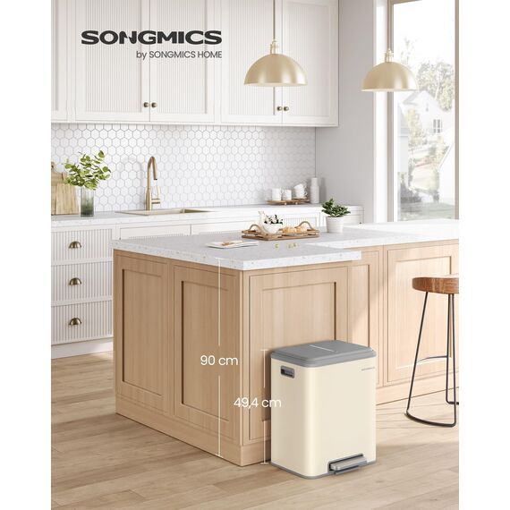 SONGMICS Mülleimer Küche, Mülltrennsystem 2 x 15 L, 2 Fächer für Recycling und Restmüll, Abfalleimer, Inneneimer, Stahl, Softclose-Deckel, breites robustes Pedal, sandbeige LTB544A02