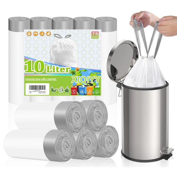 XIQIYY 10L Müllbeutel Mit Zugband,Kleine Müllsäcke Mit Tragegriff 75 Stück Abfallsack Mit Kordelzug,für Küchen Lebensmittel,Büro,Wohnzimmer,Geeignet Für 15 Liter Mülleimer(Weiß Mülltüten)