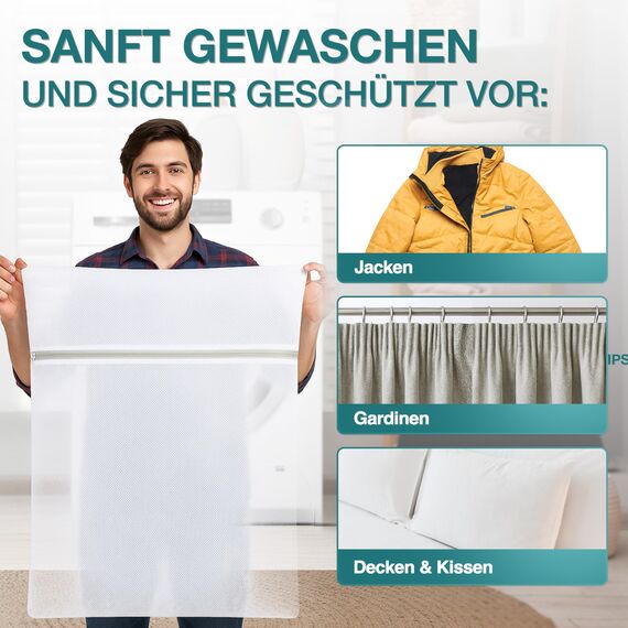 Wäschenetz Groß – Wäschesack Groß für Decken, Gardinen & Jacken – Wäschenetz für Waschmaschine gross – XXL Waschbeutel für große Wäsche – Reißfestes Netz für Schonwaschgang 2 Stück