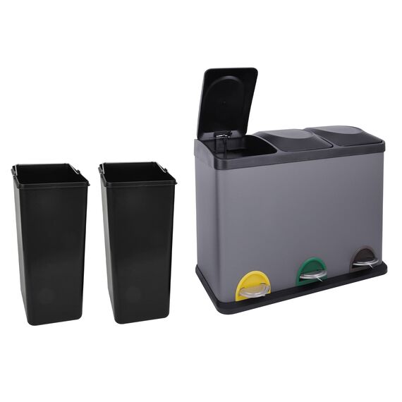 SVITA TC3X15 Treteimer 45 Liter Grau 3X 15L dreifach Abfalleimer 3er-Mülleimer Mülltrennung Küchen-Eimer