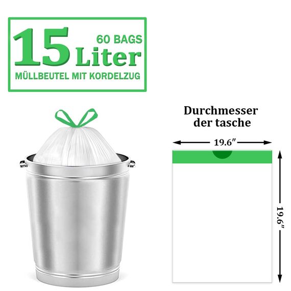 XIQIYY Müllbeutel 15Liter Zugband Müllsäcke 60 Stück Mülltüten mit Tragegriff Transparent Abfallbeutel