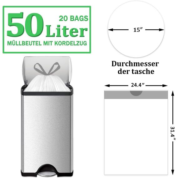 XIQIYY 50L Müllbeutel mit Zugband und Griffen,Mülltüten mit Tragegriff 20 Stück Groß Küchen Dicke Kunststoff-Müllsäcke,Geeignet für 40–60 Liter Mülleimer (62x80cm,Weiß)