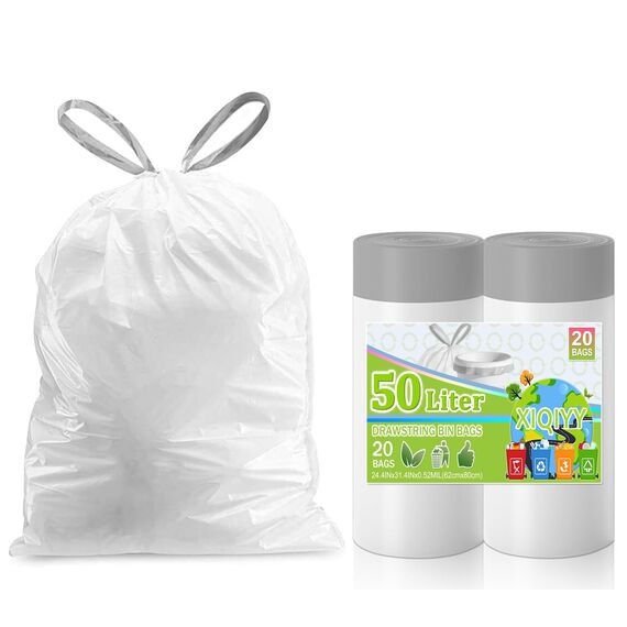 XIQIYY 50L Müllbeutel mit Zugband und Griffen,Mülltüten mit Tragegriff 20 Stück Groß Küchen Dicke Kunststoff-Müllsäcke,Geeignet für 40–60 Liter Mülleimer (62x80cm,Weiß)