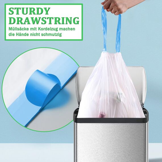 XIQIYY 30L Müllbeutel mit Zugband,Müllsäcke mit Tragegriff 30 Stück Groß Mülltüten mit Kordelzug,für 25–35Liter Küchen Lebensmittel,Büro,Wohnzimmer Mülleimer(60x70cm,Weiß Abfallsack)