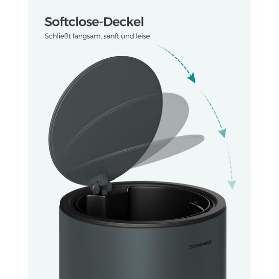 SONGMICS Kosmetikeimer, 3 Liter, Mülleimer Bad, kleiner Abfalleimer mit Deckel, Softclose, herausnehmbarer Inneneimer aus Kunststoff, für Badezimmer, Büro, Stahl, grüngrau LTB011G02