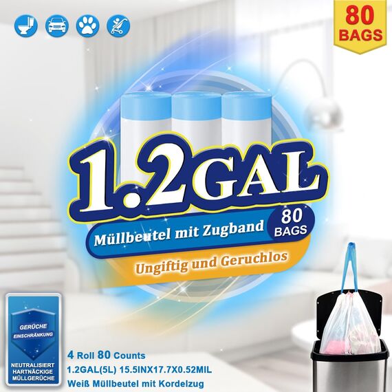 XIQIYY Müllbeutel 5L Mit Zugband, Kleine Weiße Müllsäcke 80 Stück, Badezimmer Mini-Mülltüten Mit Tragegriff, Reißfeste,Stark Abfallbeutel Für Küche, Büro, Geeignet Für 5 Liter-8L Mülleimers