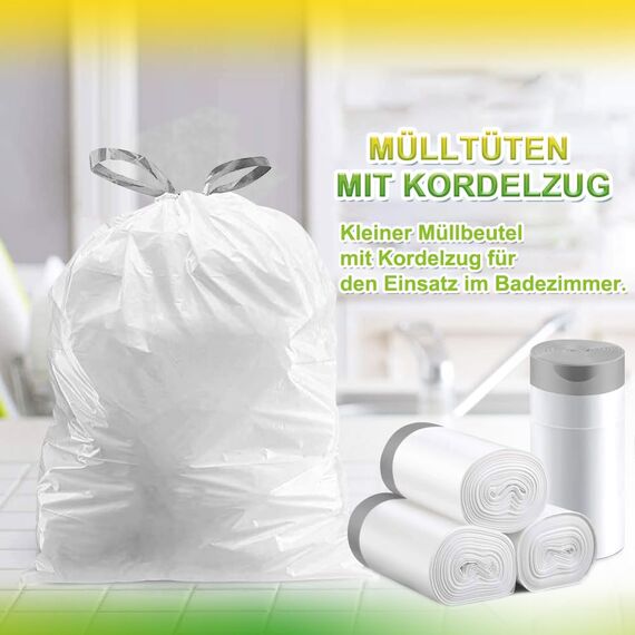 XIQIYY Müllbeutel 10L mit Zugband, Kleine Weiße Müllsäcke 72 Stück, Büro Mülltüten mit Tragegriff, Reißfeste, Extra Dicke, Abfallbeutel für Küche, Badezimmer, Geeignet für 10 Liter-12L Mülleimers