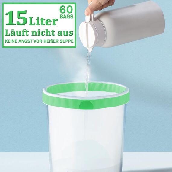 XIQIYY Müllbeutel 15Liter Zugband Müllsäcke 60 Stück Mülltüten mit Tragegriff Transparent Abfallbeutel