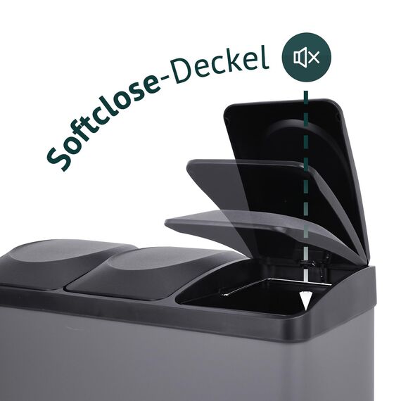SVITA TC3X15 Treteimer 45 Liter Grau 3X 15L dreifach Abfalleimer 3er-Mülleimer Mülltrennung Küchen-Eimer