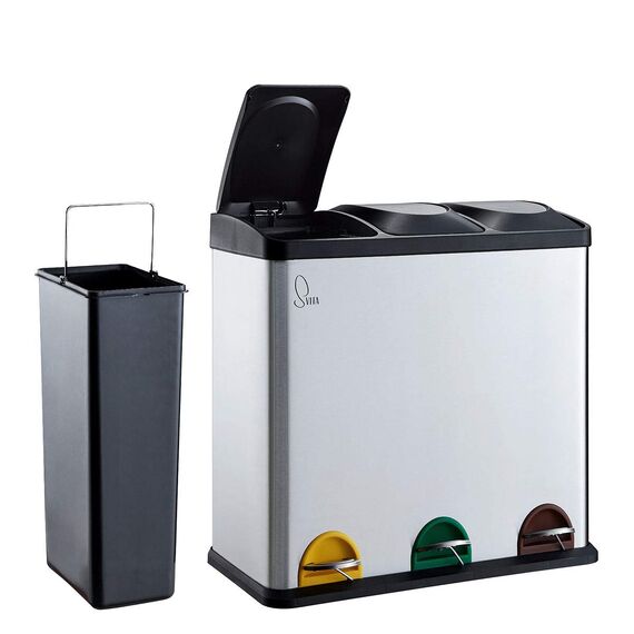 SVITA TC3X20 Edelstahl Treteimer 60 Liter Silber 3x20L dreifach XXL Abfalleimer trennsystem Mülleimer 3 fächer Mülltrennsysteme Küchen-Eimer Mülleimer Küche 3 fächer