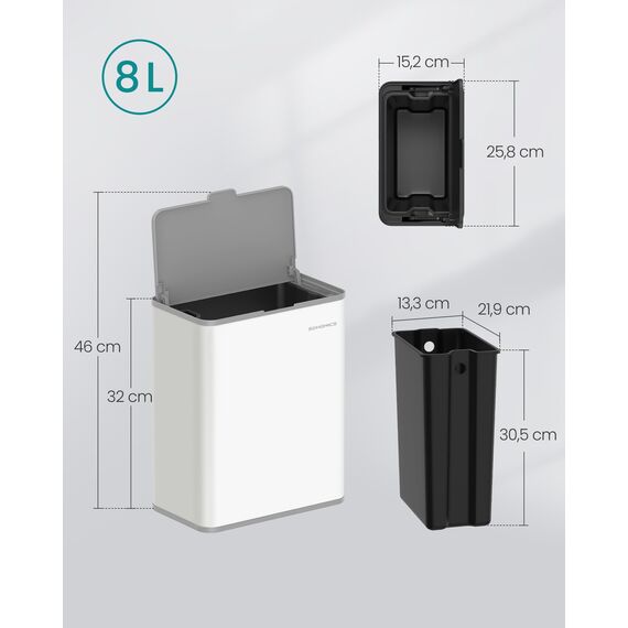 SONGMICS Mülleimer hängend, 8 L Komposteimer Küche, Stahl-Abfalleimer mit Deckel für Biomüll, mit Haken, an der Schranktür oder Wand, für Unterschrank Badezimmer, wolkenweiß LTB810W01