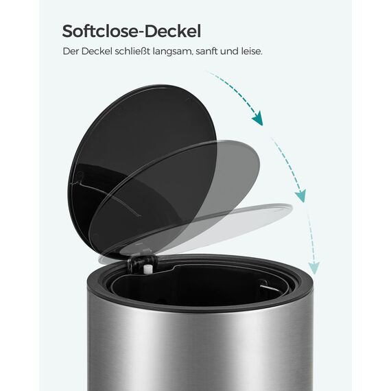 SONGMCIS Kosmetikeimer, 3 l, Mülleimer für Badezimmer, mit Deckel, Softclose, mit Pedal, herausnehmbarer Inneneimer aus Kunststoff, für Badezimmer, Büro, Stahl, Silbermetallic LTB011E01