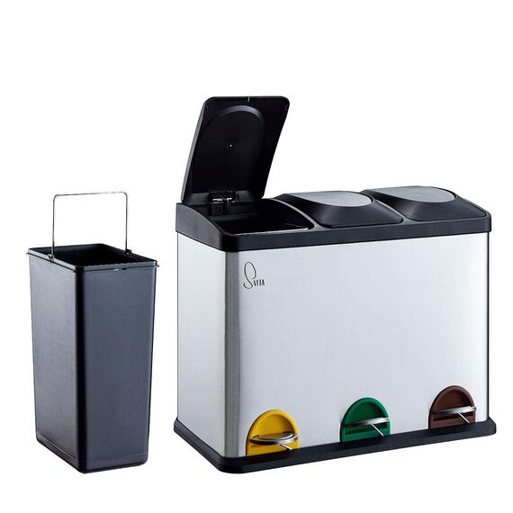 SVITA TC3X15 Treteimer Edelstahl 45 Liter Silber 3X 15L dreifach Abfalleimer 3er-Mülleimer Mülltrennung Küchen-Eimer