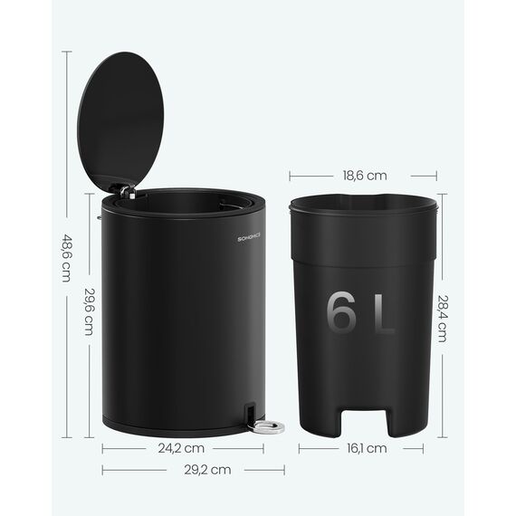SONGMICS Kosmetikeimer, 6 Liter, Mülleimer Bad, Kleiner Abfalleimer mit Deckel, Softclose, herausnehmbarer Inneneimer aus Kunststoff, für Badezimmer, Büro, Stahl, tintenschwarz LTB012BZ01