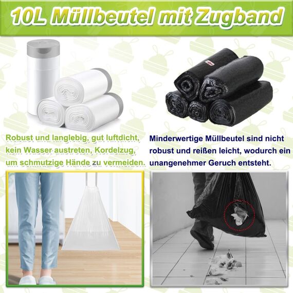 XIQIYY Müllbeutel 10L mit Zugband, Kleine Weiße Müllsäcke 72 Stück, Büro Mülltüten mit Tragegriff, Reißfeste, Extra Dicke, Abfallbeutel für Küche, Badezimmer, Geeignet für 10 Liter-12L Mülleimers