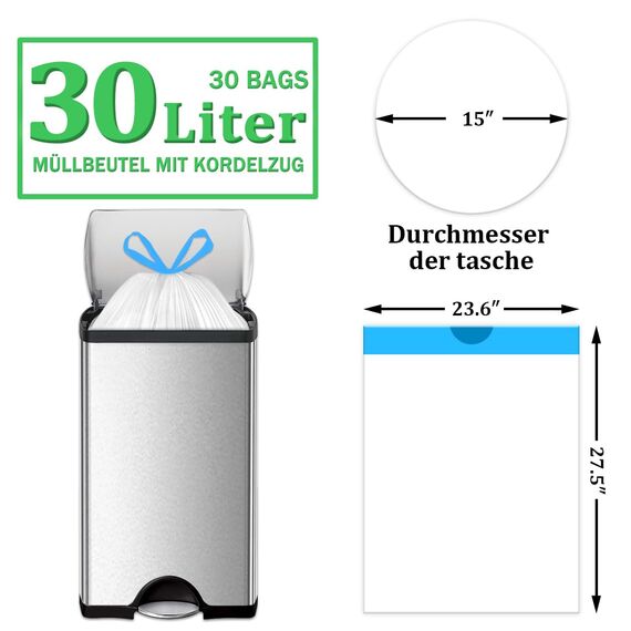 XIQIYY 30L Müllbeutel mit Zugband,Müllsäcke mit Tragegriff 30 Stück Groß Mülltüten mit Kordelzug,für 25–35Liter Küchen Lebensmittel,Büro,Wohnzimmer Mülleimer(60x70cm,Weiß Abfallsack)