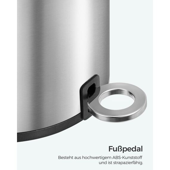 SONGMCIS Kosmetikeimer, 3 l, Mülleimer für Badezimmer, mit Deckel, Softclose, mit Pedal, herausnehmbarer Inneneimer aus Kunststoff, für Badezimmer, Büro, Stahl, Silbermetallic LTB011E01