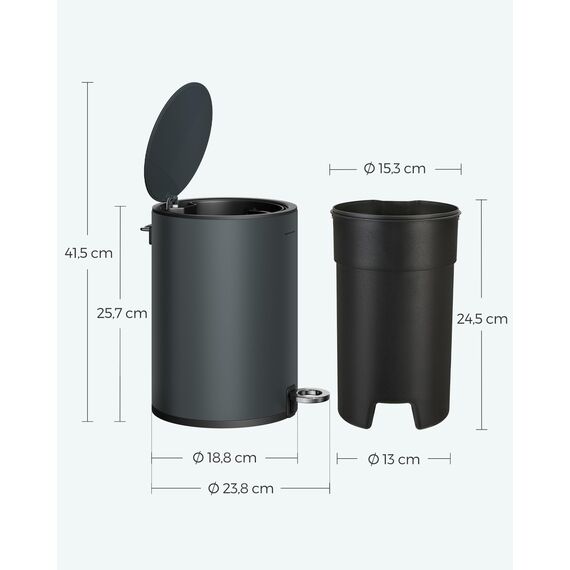 SONGMICS Kosmetikeimer, 3 Liter, Mülleimer Bad, kleiner Abfalleimer mit Deckel, Softclose, herausnehmbarer Inneneimer aus Kunststoff, für Badezimmer, Büro, Stahl, grüngrau LTB011G02