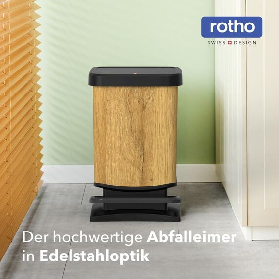 Rotho Paso Mülleimer 20l mit Deckel, Kunststoff (PP recycelt) BPA-frei, Holz, 20l (29.3 x 26.6 x 45.7 cm)