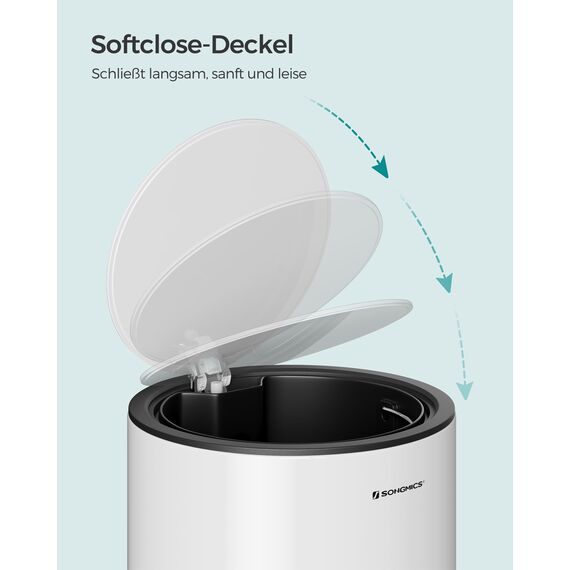 SONGMICS Kosmetikeimer, 3 Liter, Mülleimer Bad, kleiner Abfalleimer mit Deckel, Softclose, herausnehmbarer Inneneimer aus Kunststoff, für Badezimmer, Büro, Stahl, wolkenweiß LTB11WT