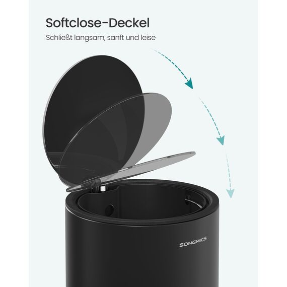 SONGMICS Kosmetikeimer, 6 Liter, Mülleimer Bad, Kleiner Abfalleimer mit Deckel, Softclose, herausnehmbarer Inneneimer aus Kunststoff, für Badezimmer, Büro, Stahl, tintenschwarz LTB012BZ01