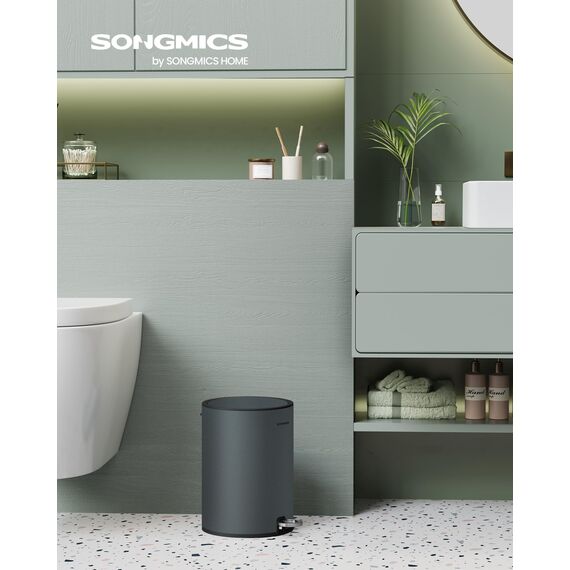 SONGMICS Kosmetikeimer, 3 Liter, Mülleimer Bad, kleiner Abfalleimer mit Deckel, Softclose, herausnehmbarer Inneneimer aus Kunststoff, für Badezimmer, Büro, Stahl, grüngrau LTB011G02