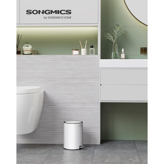SONGMICS Kosmetikeimer, 3 Liter, Mülleimer Bad, kleiner Abfalleimer mit Deckel, Softclose, herausnehmbarer Inneneimer aus Kunststoff, für Badezimmer, Büro, Stahl, wolkenweiß LTB11WT