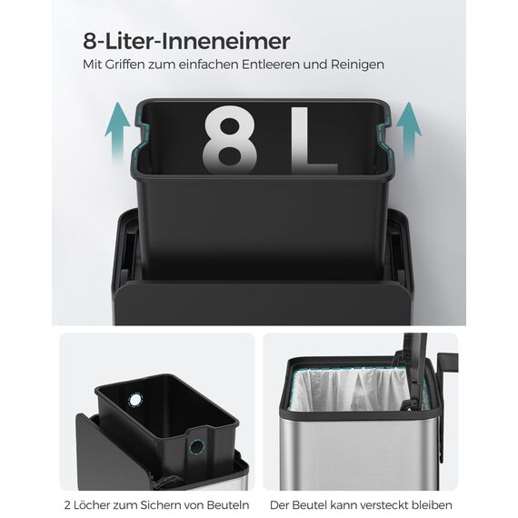 SONGMICS Mülleimer hängend, 8 L Komposteimer Küche, Stahl-Abfalleimer mit Deckel für Biomüll, mit Haken, an der Schranktür oder Wand, für Unterschrank Badezimmer, metallisches Silber LTB810E08