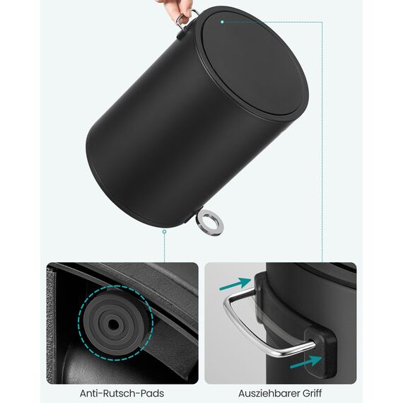 SONGMICS Kosmetikeimer, 6 Liter, Mülleimer Bad, Kleiner Abfalleimer mit Deckel, Softclose, herausnehmbarer Inneneimer aus Kunststoff, für Badezimmer, Büro, Stahl, tintenschwarz LTB012BZ01