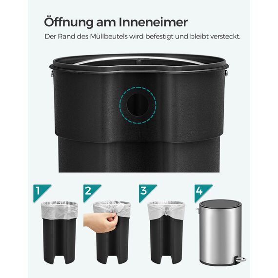 SONGMCIS Kosmetikeimer, 3 l, Mülleimer für Badezimmer, mit Deckel, Softclose, mit Pedal, herausnehmbarer Inneneimer aus Kunststoff, für Badezimmer, Büro, Stahl, Silbermetallic LTB011E01