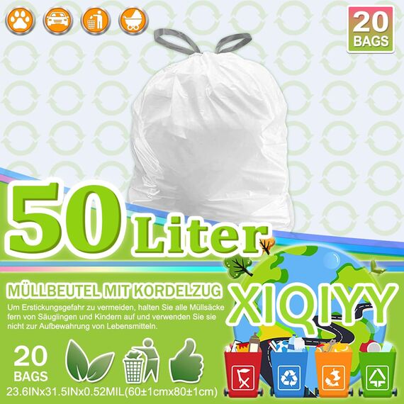 XIQIYY 50L Müllbeutel mit Zugband und Griffen,Mülltüten mit Tragegriff 20 Stück Groß Küchen Dicke Kunststoff-Müllsäcke,Geeignet für 40–60 Liter Mülleimer (62x80cm,Weiß)