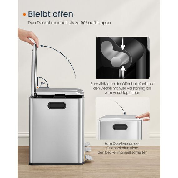 SONGMICS HOME Mülleimer Küche, 3 x 15 L Fächer, Abfalleimer mit farbcodierbaren Pedalen, Mülltrennsystem, mit Deckeln und Inneneimern, Stahl, metallicsilber LTB740E45V1