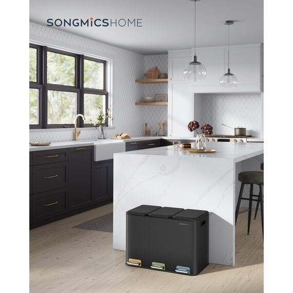 SONGMICS HOME Mülleimer Küche, 3 x 15 L Fächer, Abfalleimer mit farbcodierbaren Pedalen, Mülltrennsystem, mit Deckeln und Inneneimern, Stahl, tintenschwarz LTB740B02V1