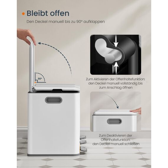 SONGMICS HOME Mülleimer Küche, 3 x 15 L Fächer, Abfalleimer mit farbcodierbaren Pedalen, Mülltrennsystem, mit Deckeln und Inneneimern, Stahl, wolkenweiß LTB740W02V1