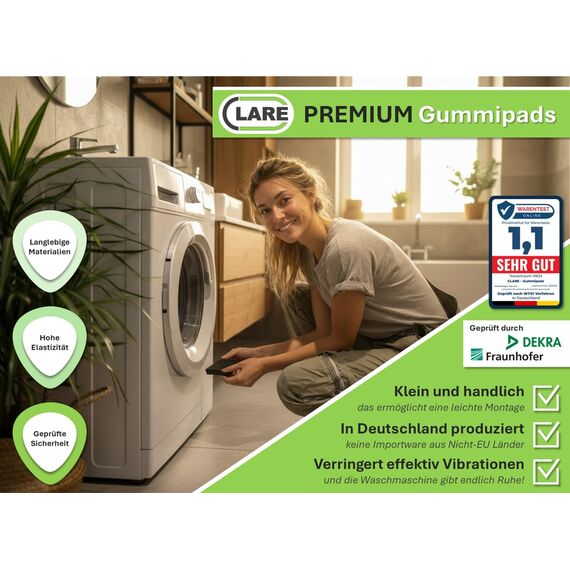 CLARE Premium Schwingungsdämpfer als Waschmaschinenunterlage und Vibrationsdämpfer | Antirutschpads | weniger Lärm und Bewegung | Antivibrationsmatte für Lautsprecher, 3D-Drucker | 4 Stück 10mm
